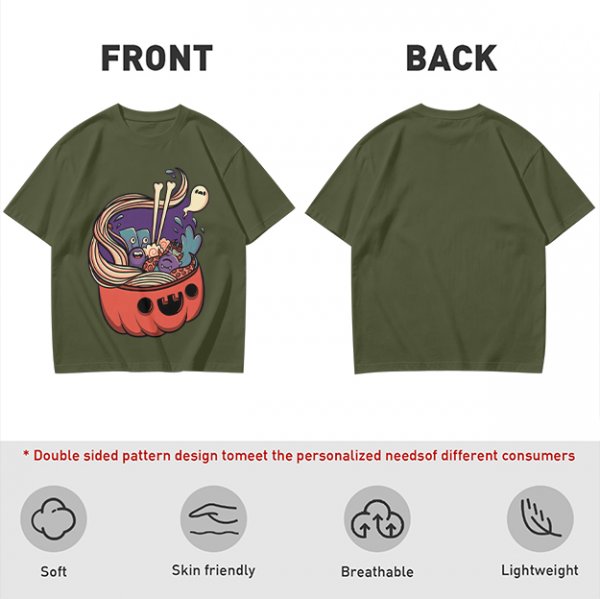 Halloween pumpkin ramen bowl with cute monster graphic t-shirt