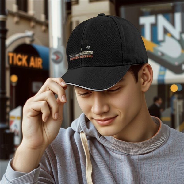 Black baseball cap with Finders Keepers boat graphic