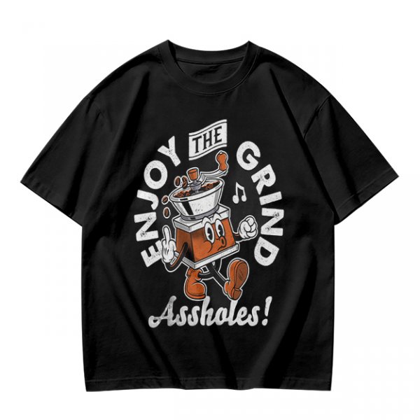 Olive graphic t-shirt with 'Enjoy the grind Assholes' coffee grinder mascot print