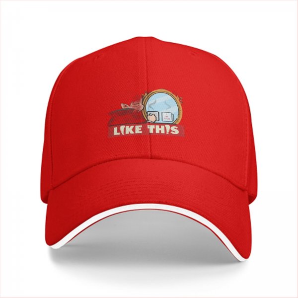 Black baseball cap with mirror and coffee graphic that says LIKE THIS