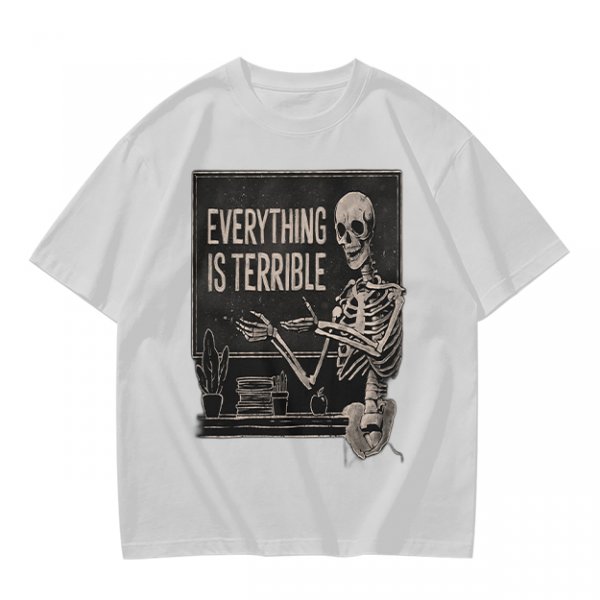 Olive t-shirt with skeleton teacher and 'Everything Is Terrible' print