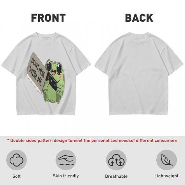 Olive t-shirt with cute frog holding knife and 'Don't mess with me' text