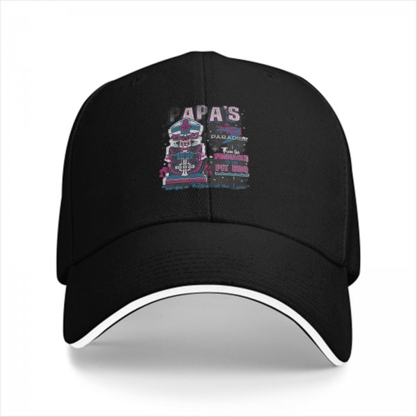 Black baseball cap with Papa's Pit BBQ graphic design