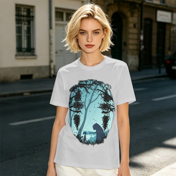 Olive T-Shirt With Silhouetted Forest Scene And Two Figures