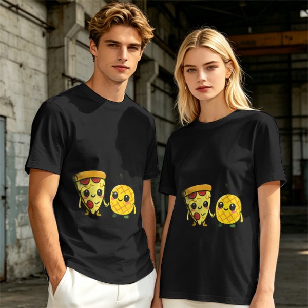 Olive T-Shirt with Cute Pizza and Pineapple Holding Hands Print