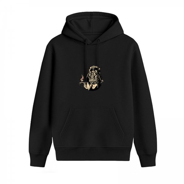 Black hoodie with Darth Vader holding a steaming coffee cup