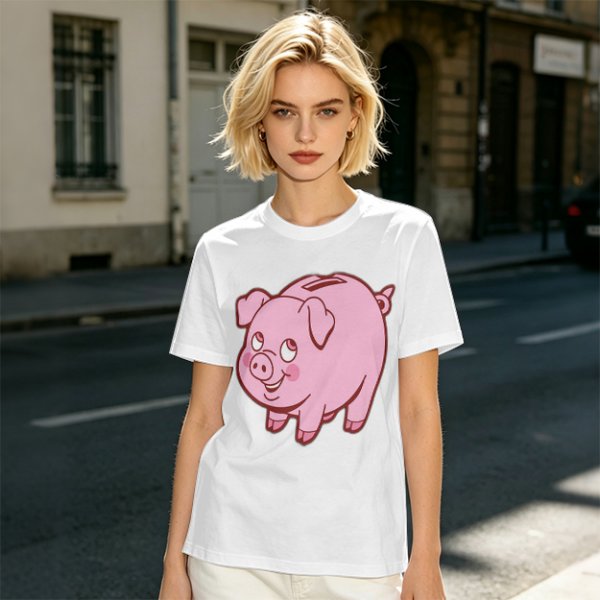 Olive Green T-Shirt With Cute Pink Piggy Bank Graphic Print