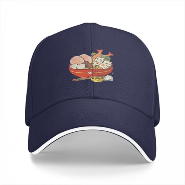 Black Baseball Cap With Cute Cat Ramen Bowl Graphic