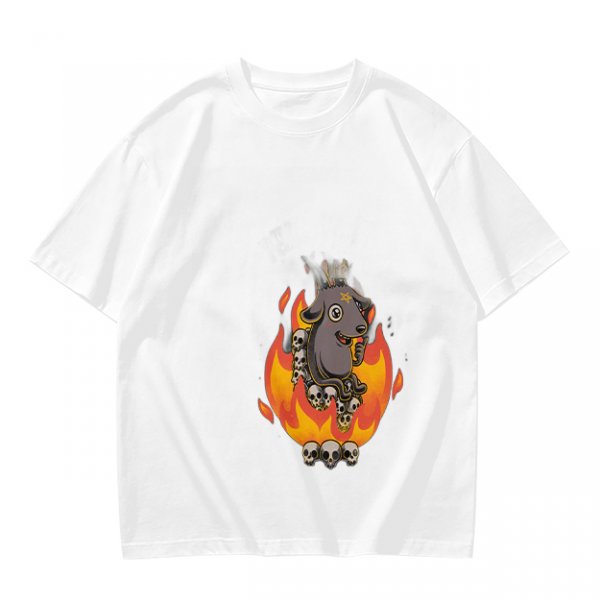 Olive T-Shirt With Cartoon Goat On Flames And Skulls Print