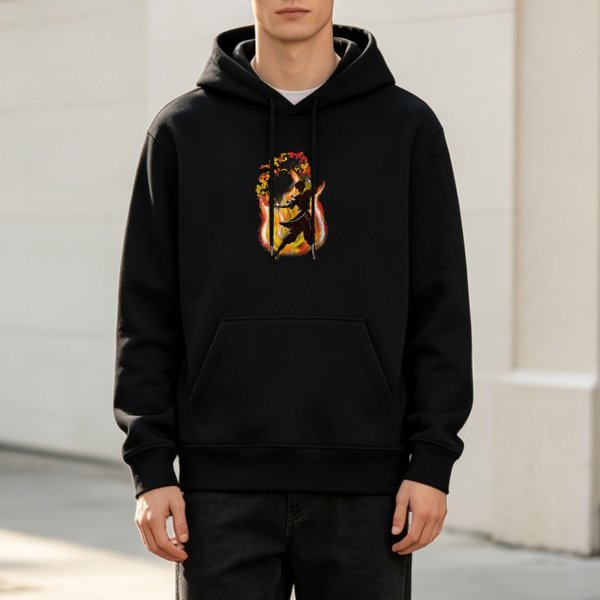 Black hoodie with firebender warrior silhouette graphic