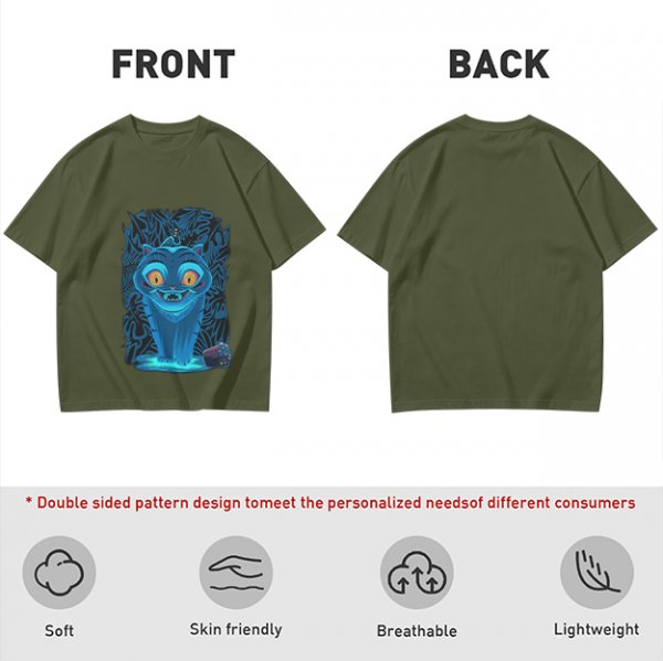 Olive T-shirt with Glowing Blue Cheshire Cat Graphic