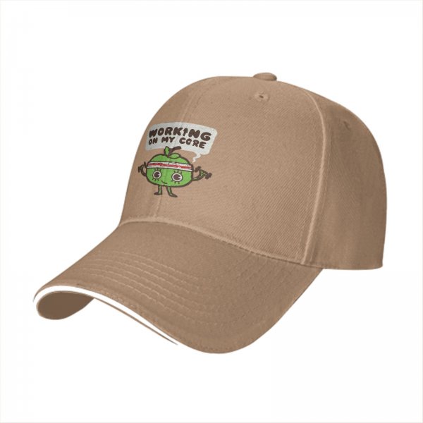 Black baseball cap with 'Working On My Core' fitness apple graphic