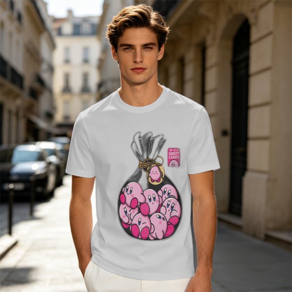 Olive T-Shirt With Cute Kirby Candy Bag Graphic