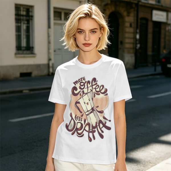 Olive t-shirt with 'More Coffee Less Drama' and moka pot graphic