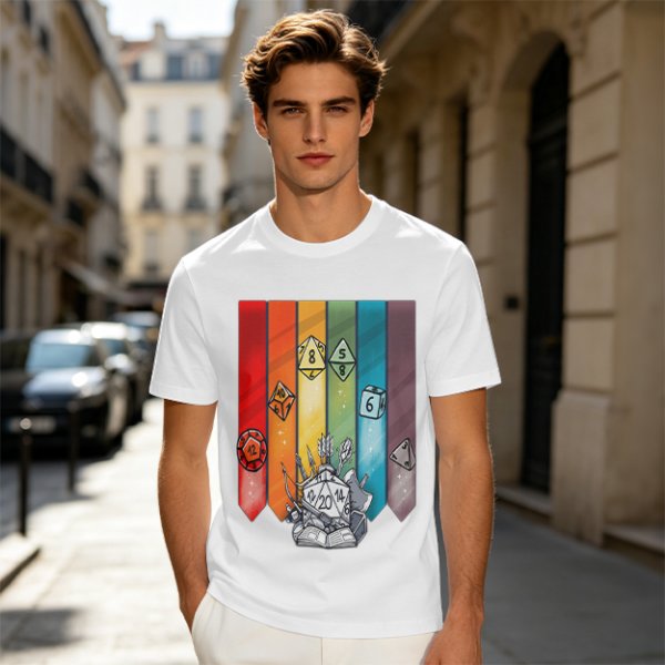 Dungeons and Dragons Polyhedral Dice Rainbow Graphic T-Shirt