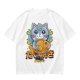 Olive green t-shirt with cute gray cat holding taiyaki graphic