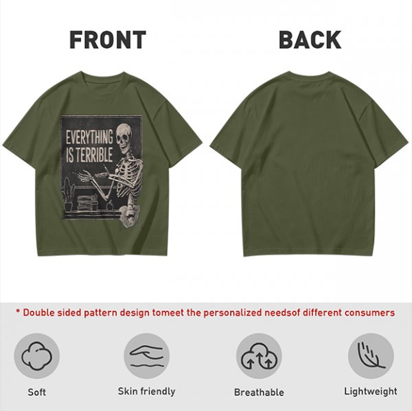 Olive t-shirt with skeleton teacher and 'Everything Is Terrible' print