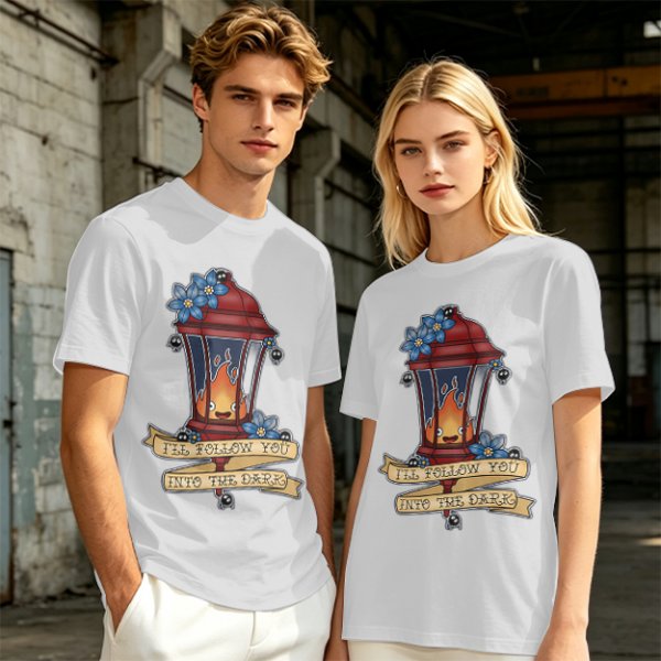 Olive t-shirt with lantern flame graphic and 'I'll follow you into the dark' text