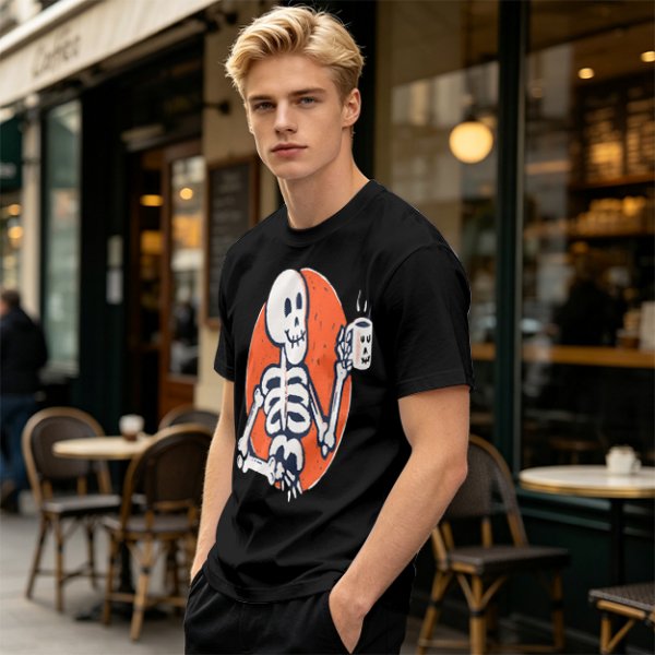 Olive Skeleton Holding Coffee Mug Graphic T-Shirt