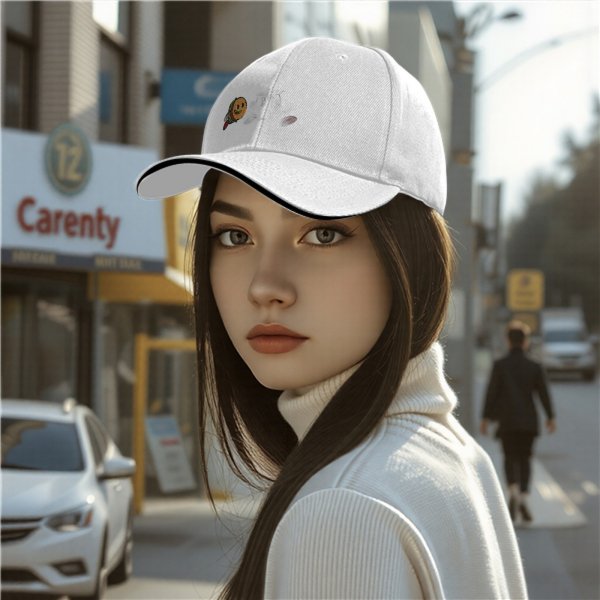 Black baseball cap with a cartoon flying burger graphic
