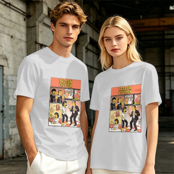 Olive green t-shirt with Yellow Fiction Simpson-style Pulp Fiction dance print