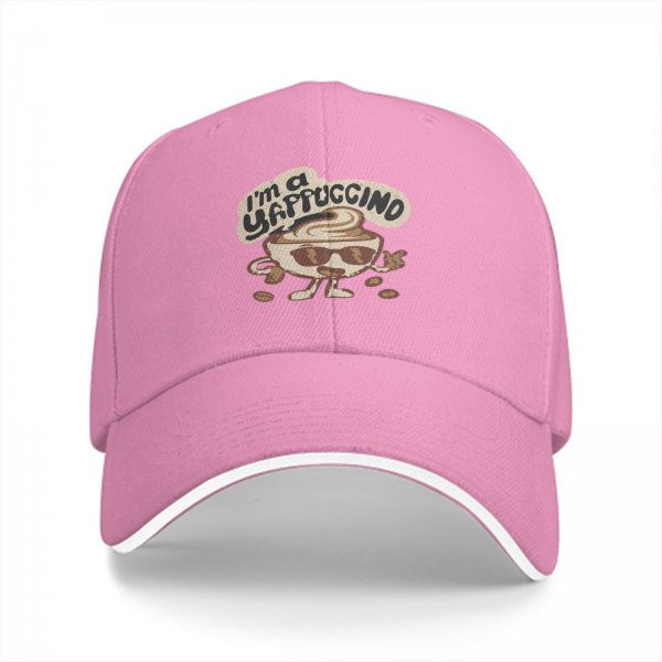 Black baseball cap with 'I'm a Yappuccino' coffee cartoon graphic