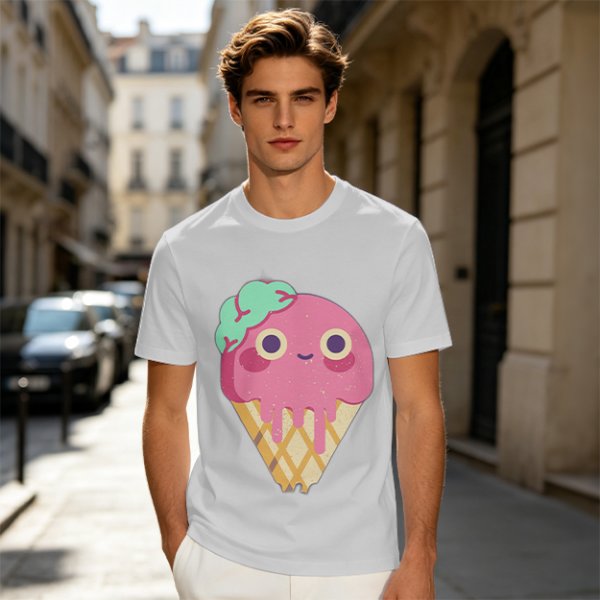 Olive T-Shirt With Cute Melting Pink Ice Cream Cone Graphic