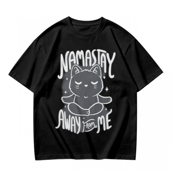 Olive green t-shirt with meditating cat and 'namastay away from me' print