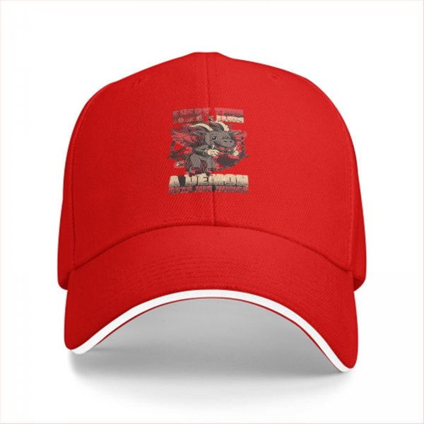 Black baseball cap with cute demon goat graphic and text