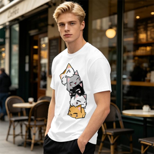 Olive T-Shirt With Stacked Cute Chibi Cats Graphic