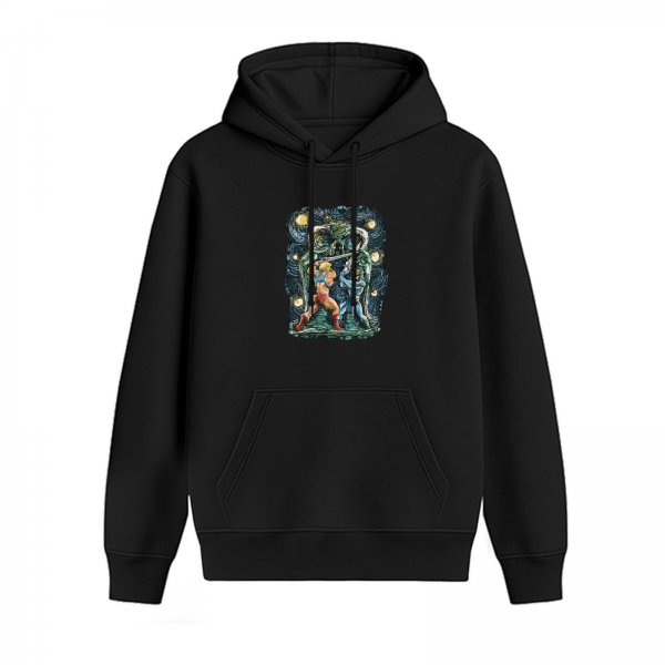 Black hoodie with Starry Night style He-Man vs Skeletor artwork
