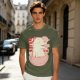 Olive t-shirt with a cartoon dinosaur in a ramen bowl graphic