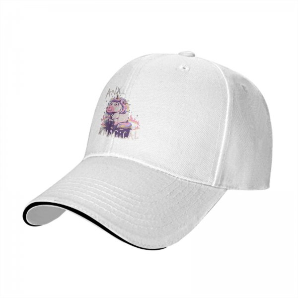 Black baseball cap with anxious unicorn and magical text design