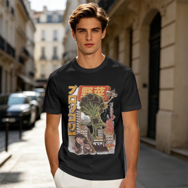 Olive T-shirt with Giant Broccoli Monster Attacking City Art