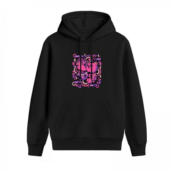 Black Hoodie with Pink and Purple Bear Graphic Print