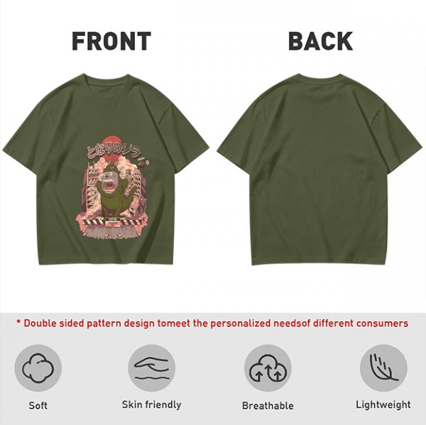 Olive T-shirt with parody monster anime graphic print