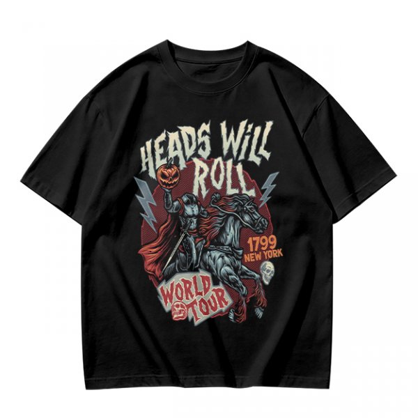 Olive graphic t-shirt featuring Headless Horseman 'Heads Will Roll World Tour' print