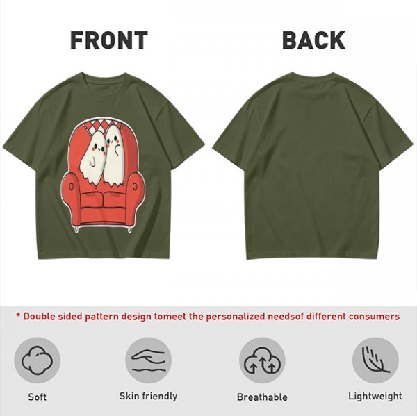 Olive T-Shirt with Cute Ghosts on Red Armchair Graphic