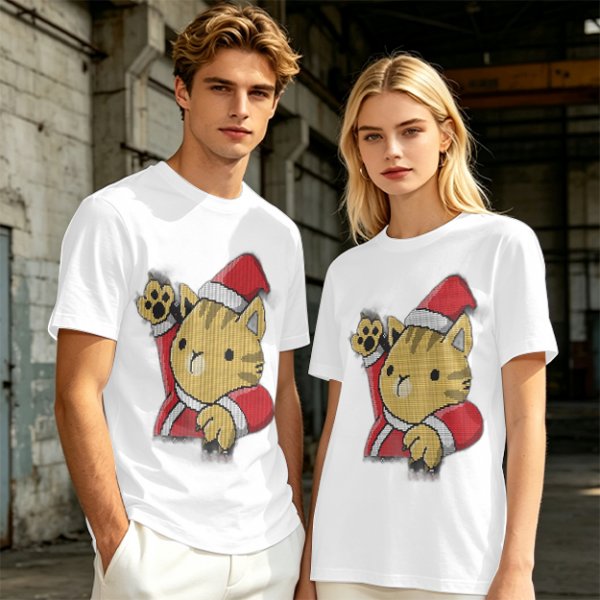 Olive Green T-Shirt With Waving Christmas Cat Graphic