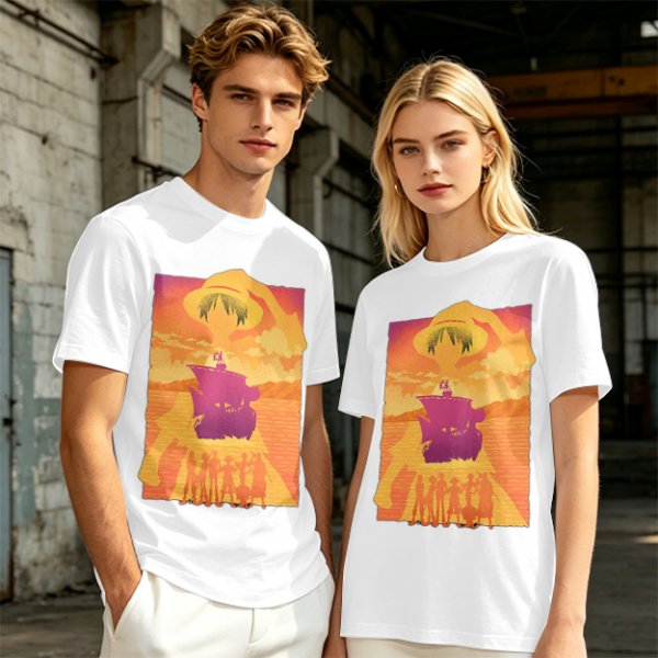 One Piece Straw Hat Crew Sunset Pirate Ship Graphic T-Shirt