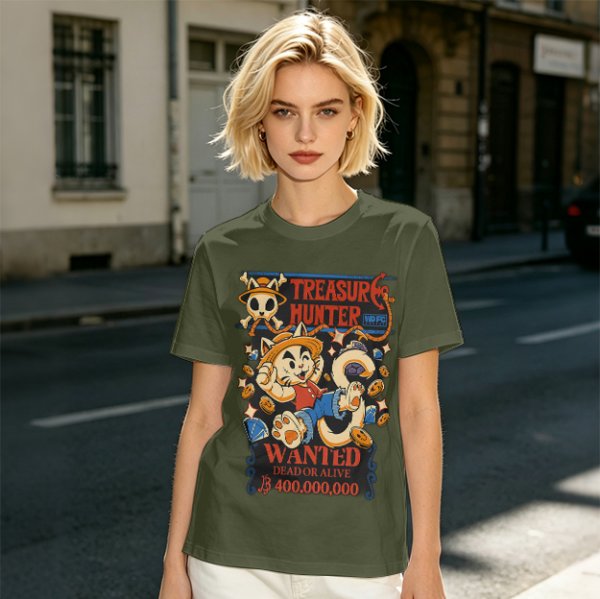 Treasure Hunter Wanted Cat Graphic T-Shirt Design