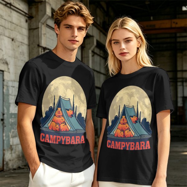 Capybara Camping Tent Full Moon Graphic T-Shirt