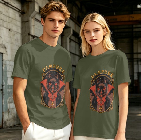 Olive T-Shirt with Vampurr Black Cat Vampire Graphic