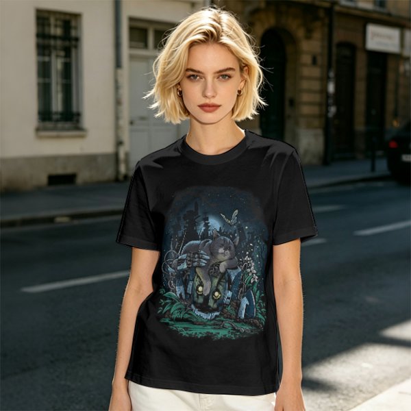 Olive Green T-Shirt With Night Graveyard Cat Illustration