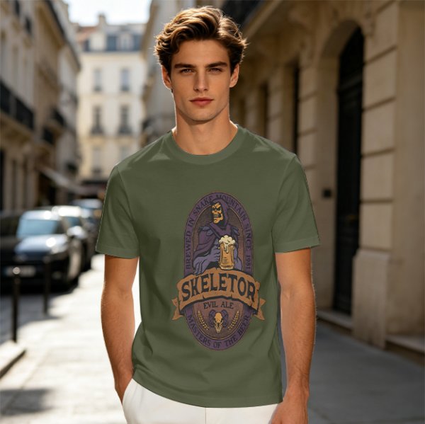 Olive green t-shirt with Skeletor Evil Ale beer graphic