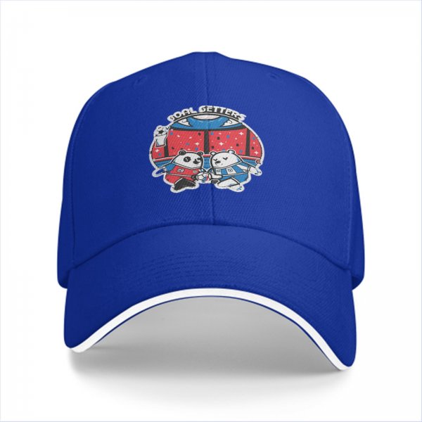 Black baseball cap with soccer panda and bear 'Goal Getters' graphic