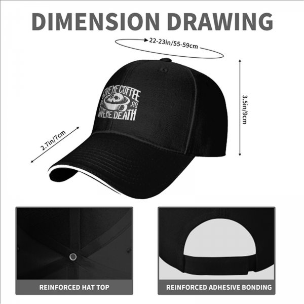 Black baseball cap with 'Give Me Coffee Or Give Me Death' skull graphic