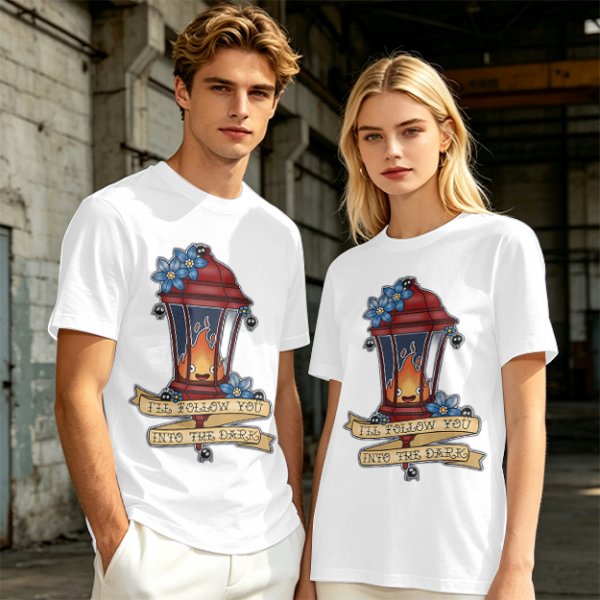 Olive t-shirt with lantern flame graphic and 'I'll follow you into the dark' text