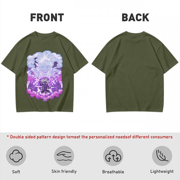 Olive T-shirt with Luffy Gear 5 Sun God Nika Anime Graphic Print