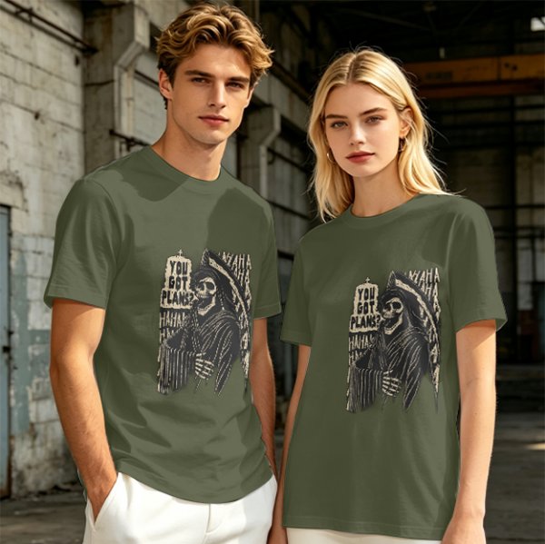 Olive graphic t-shirt with grim reaper and 'You Got Plans?' print